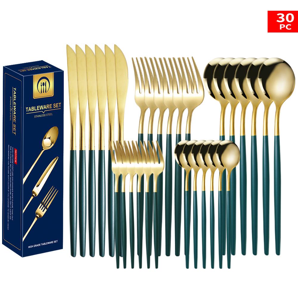 Set tacâmuri din oțel inoxidabil Portugal Gold, 24 de piese: Cuțit de Steak, Furculiță, Lingură de Hotel în Cutie Cadou