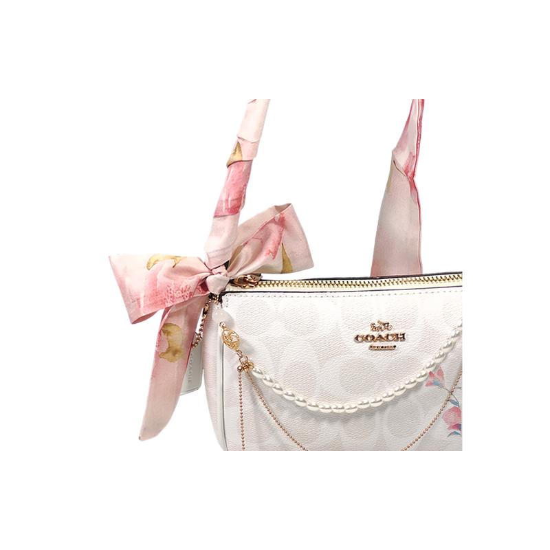 COACH shoulder bag [Customized bag] Nolita 19 Flower Shadows in the Clouds Hand-painted Pink Flower Silk Scarf Bow Pearl Chain Crossbody Flower rhyme