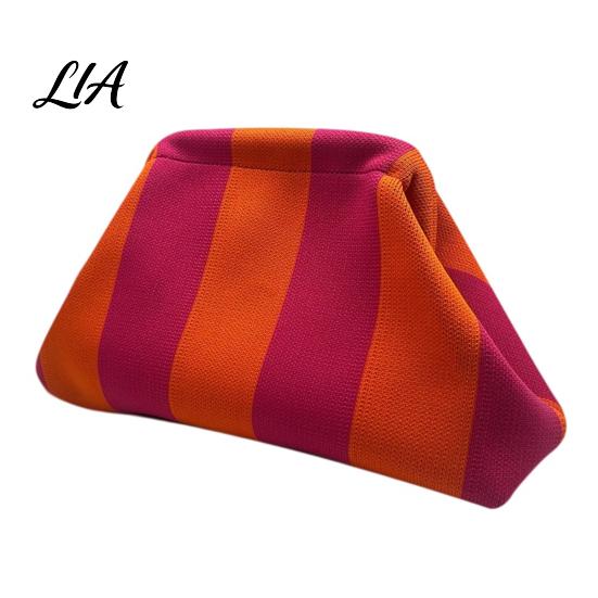 Portable Small Organizer for Purse Snap Shut Makeup Bag, Striped Knitted Clutch Pouch, Stylish Toiletry Bag Wide Open Cosmetic Pouch Brushes