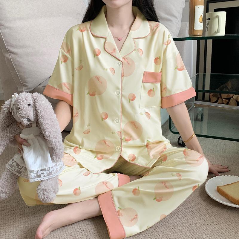 Peach print large size pajamas women's summer new imitation cotton short-sleeved trousers medium mother loungewear