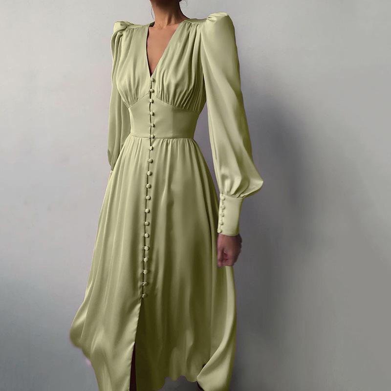White Single Breasted Elegant Dress for Women Party Robe High Waist Satin Long Dress