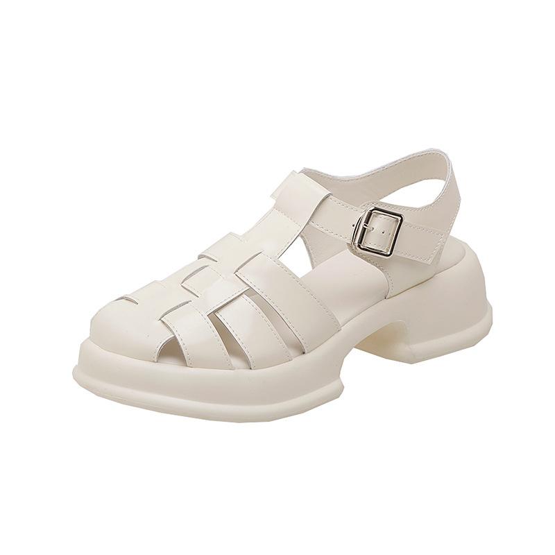 

Женские летние сандалии, новые, с закрытым носком, плетеные, полые, в стиле ретро, на толстой подошве, на плоской подошве, модные женские туфли 36