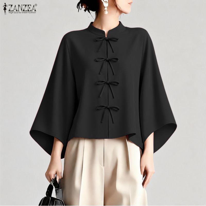 ZANZEA Women Casual Stand Collar Solid Color Loose Long Sleeve Blouse