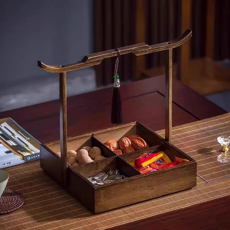 New Chinese Style Retro Wooden Four-Compartment Serving Tray