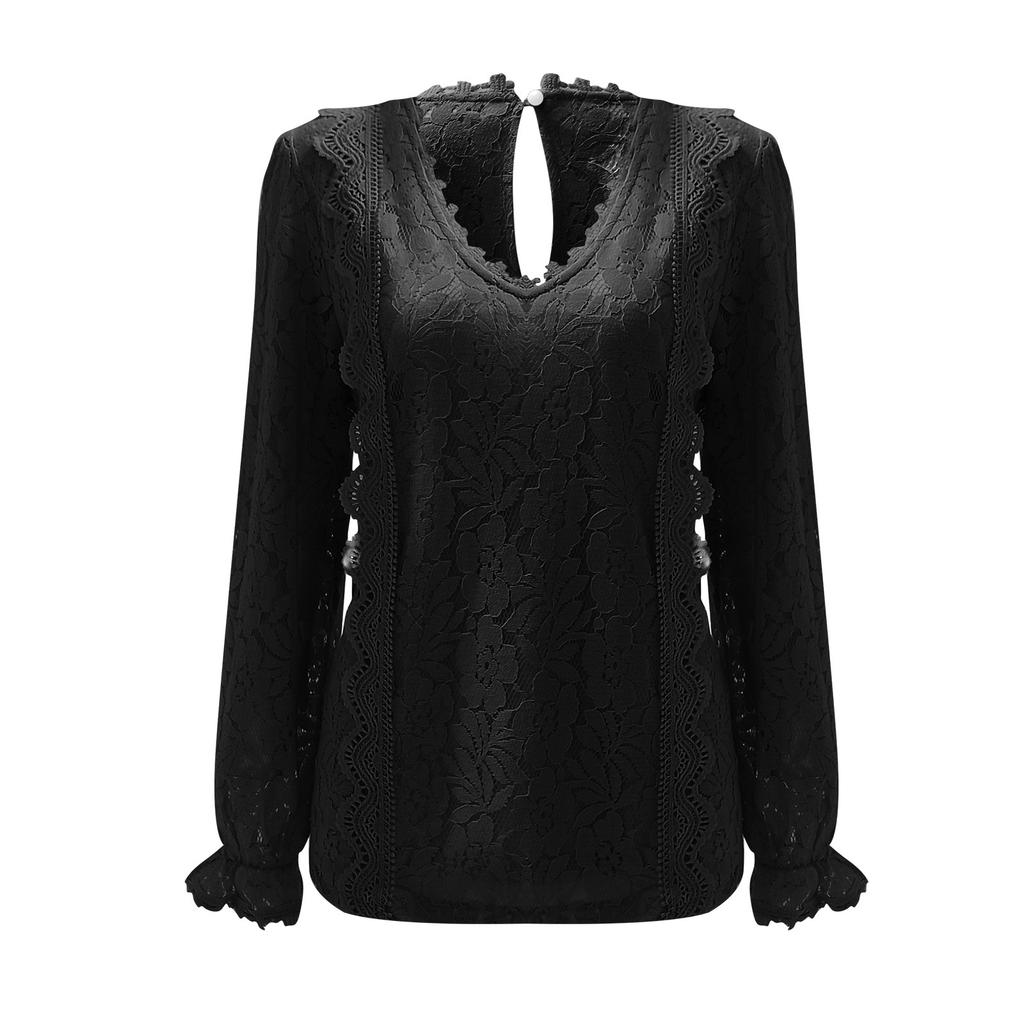 Women's Casual Solid Color Cutout Lace Sexy Knit V-Neck Long Sleeve Lace Top