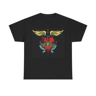 T-shirt Bon Jovi vintage cuore retro grafica rock Unisex Maglietta Pesante in Cotone