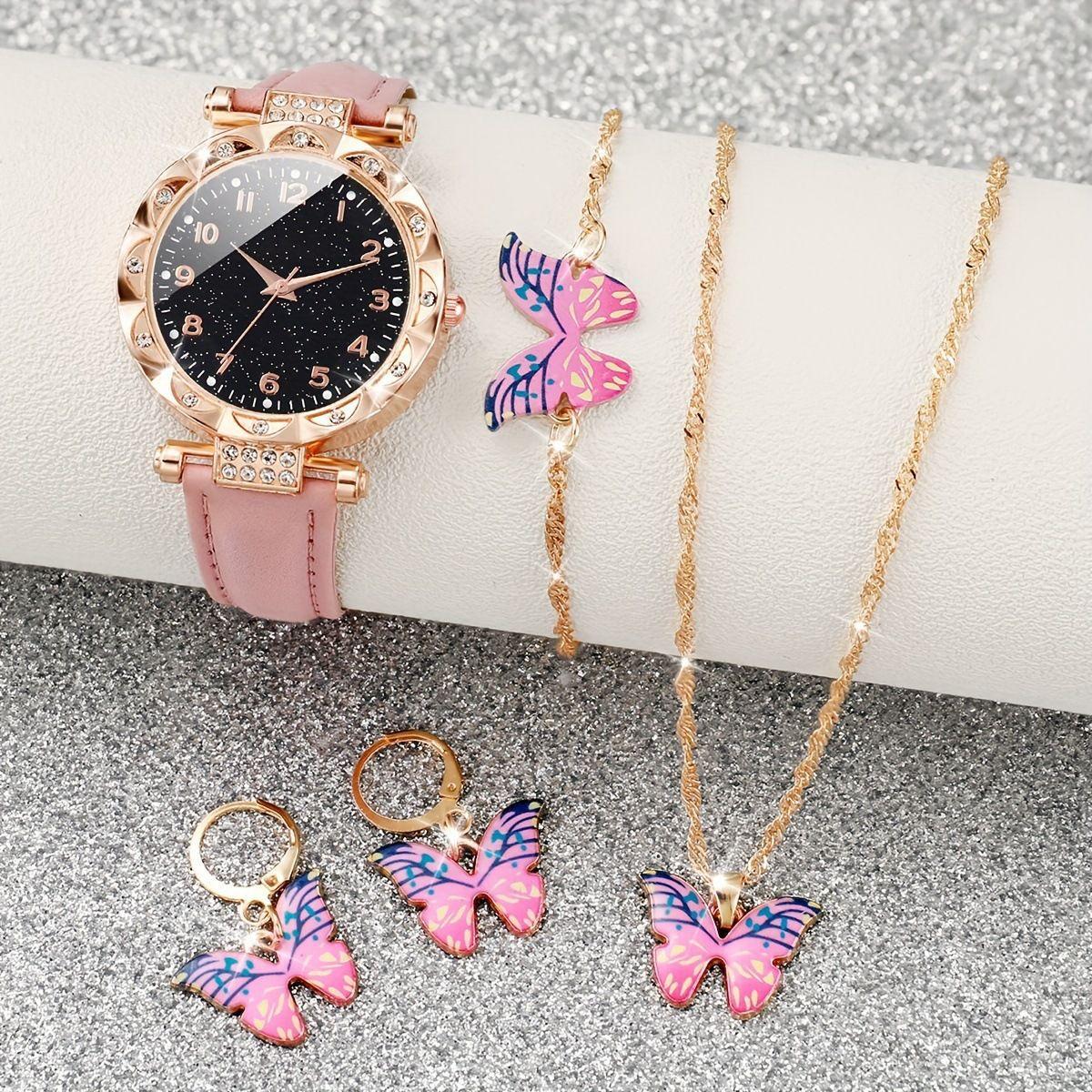 Women S Quartz Watch Simple Faux Leather Strap Watch Women S Pink Butterfly Jewelry Set Women S Watch