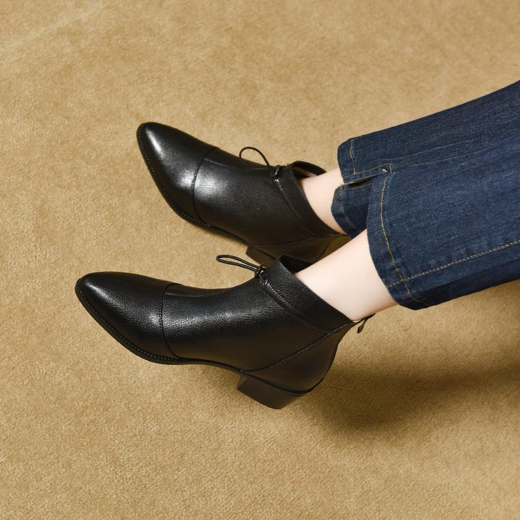 Pointed Short Boots Women's 2025 French Ruffle Edge Mid-heel Leather Boots Thin Women's Cotton Boots Fashion Boots Ankle Boots Large Size Women's Sho