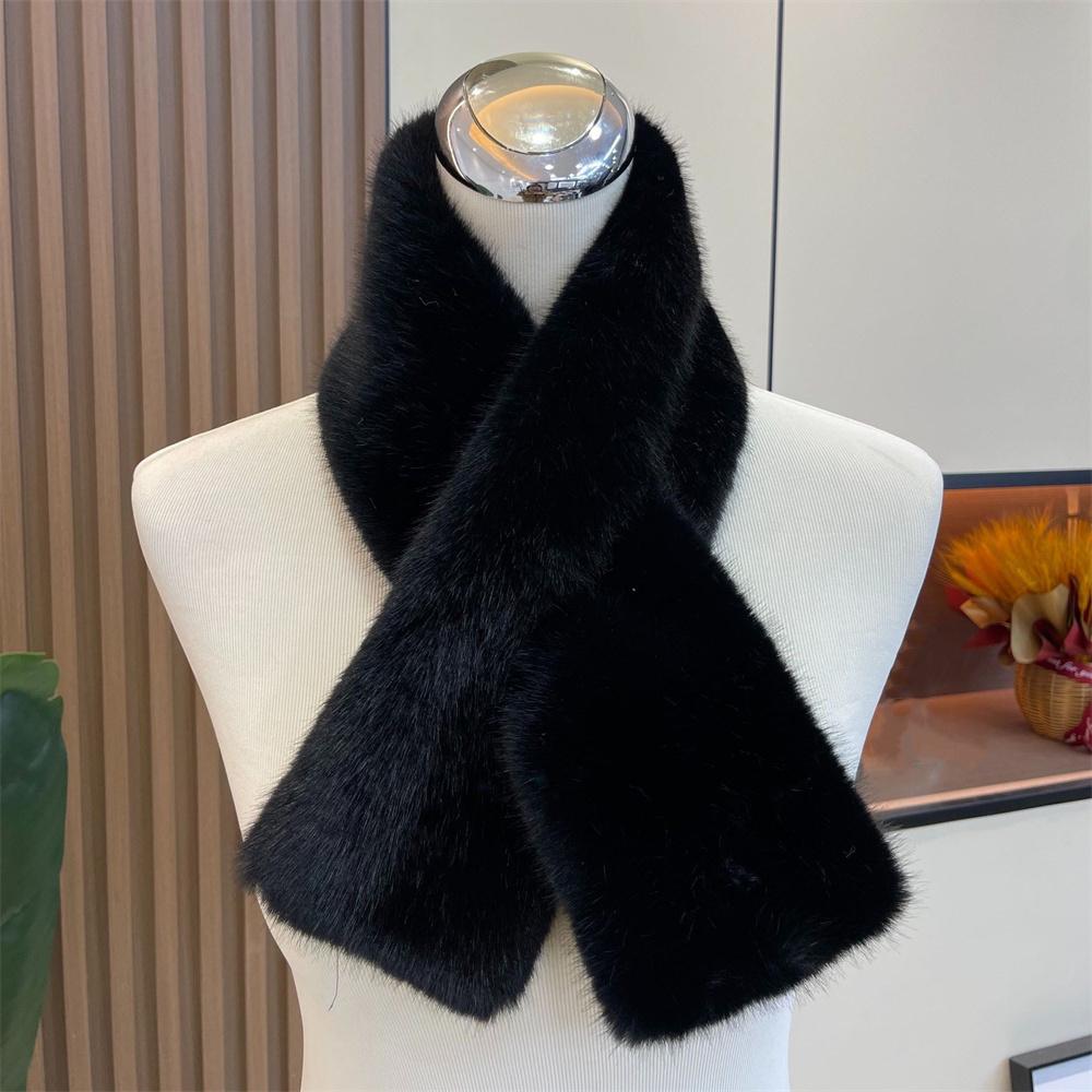 Women Winter Warm Thicken Cross Collar Scarf Solid Color Faux Rabbit Fur Cold Proof Scarves Fashion Soft Furry Neck Warmer