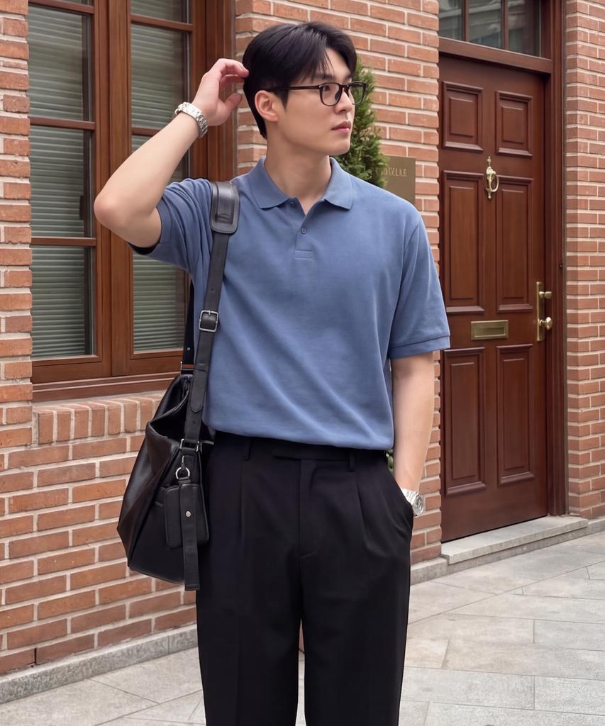 BASIC HOUSE Uni Semi-Overfit Pique Polo Shirt Dark Blue Lyts3104