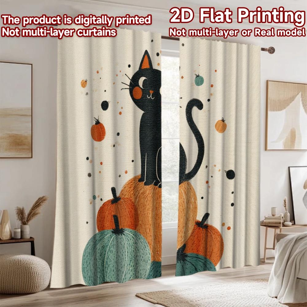 2D flat printing 2pcs Party Curtains Black Cat Pumpkins Cute Halloween Digital Printed Polyester Drapes Festive Wall Decor Use