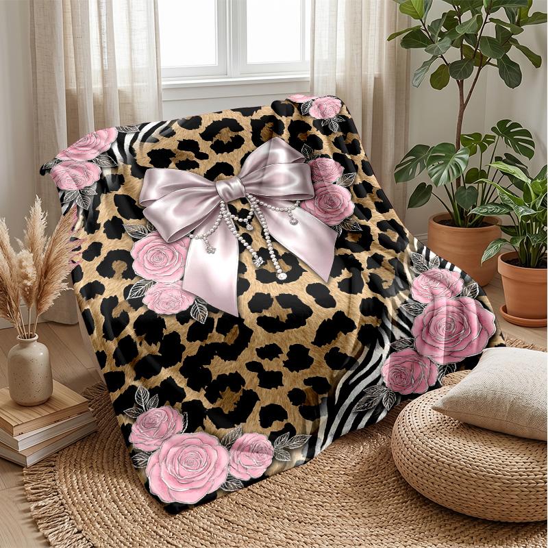Pink Roses on Leopard Print 2 Theme blanket Lightweight Warm Flannel Blanket Decorative Throw Blanket for Home Decoration