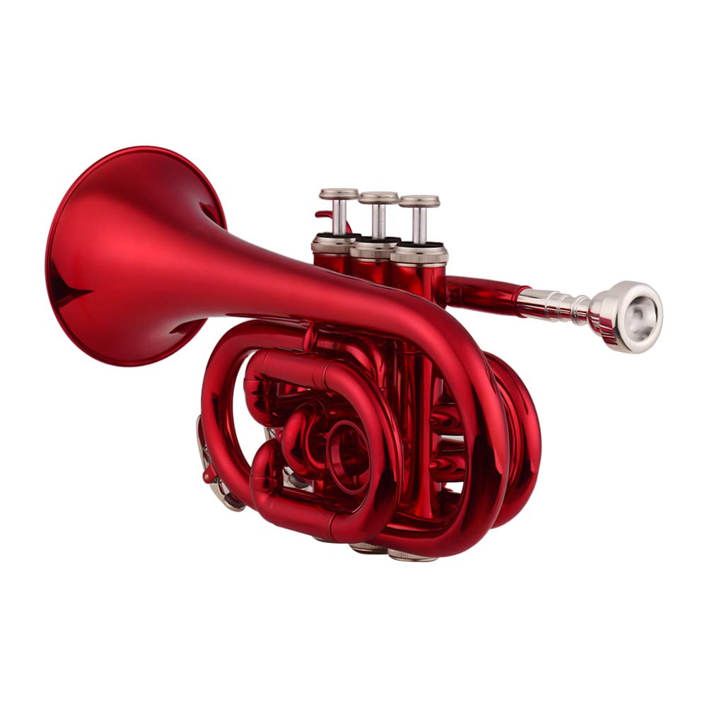 XIXIAN Mini Pocket Trumpet, Bb Flat, Brass, with Mouthpiece, Gloves, Cleaning Cloth, and Carrying Case, 24.5 * 15 * 7.5cm
