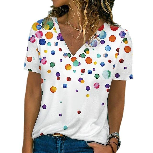 Damen Retro V-Ausschnitt Kurzarm T-Shirt, Nische Sommer Casual Locker T-Shirt