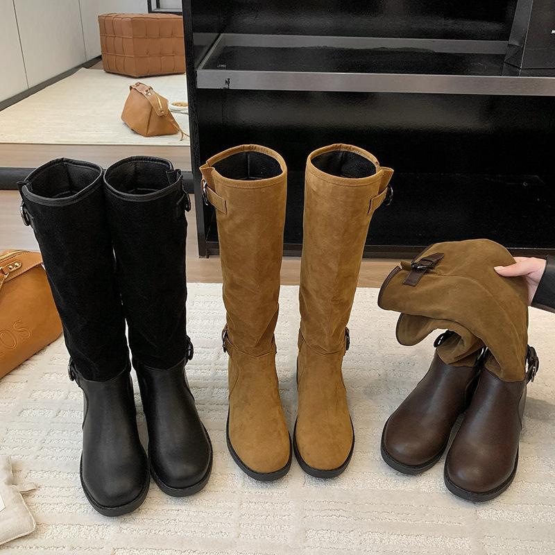 2025 Autumn and Winter New Large Size Thick Sole But Knee Belt Buckle Medium Tube Stacking Boots Knight Boots Women's Retro Boots