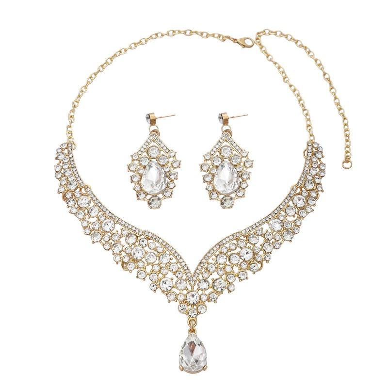 Große Wassertropfen Schmuck Europäisches und Amerikanisches Halskette Ohrringe Zweiteiliges Set Blume Braut Retro Premium Design Set