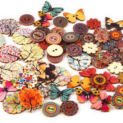 Rustic Handmade Wooden Buttons, Decorative Hand-Painted DIY Floral, Butterfly & Tree Designs for Crafts