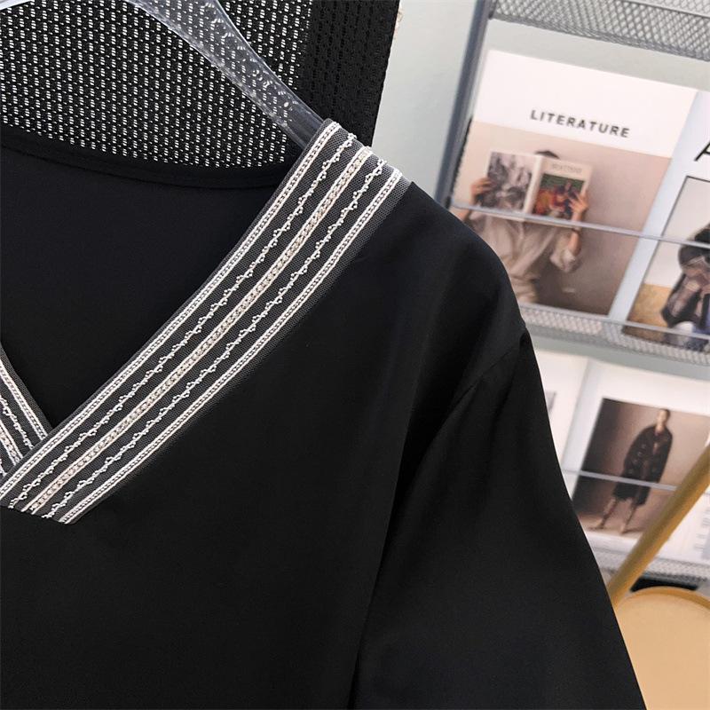 Women's Plus Size V-Neck Chiffon Short Sleeve Mid-Length Loose T-Shirt 