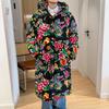 Northeast Floral Hanfu Long Hooded Cotton Coat - Unisex Loose-Fit, Warm, Trendy Cold-Protection Jacket