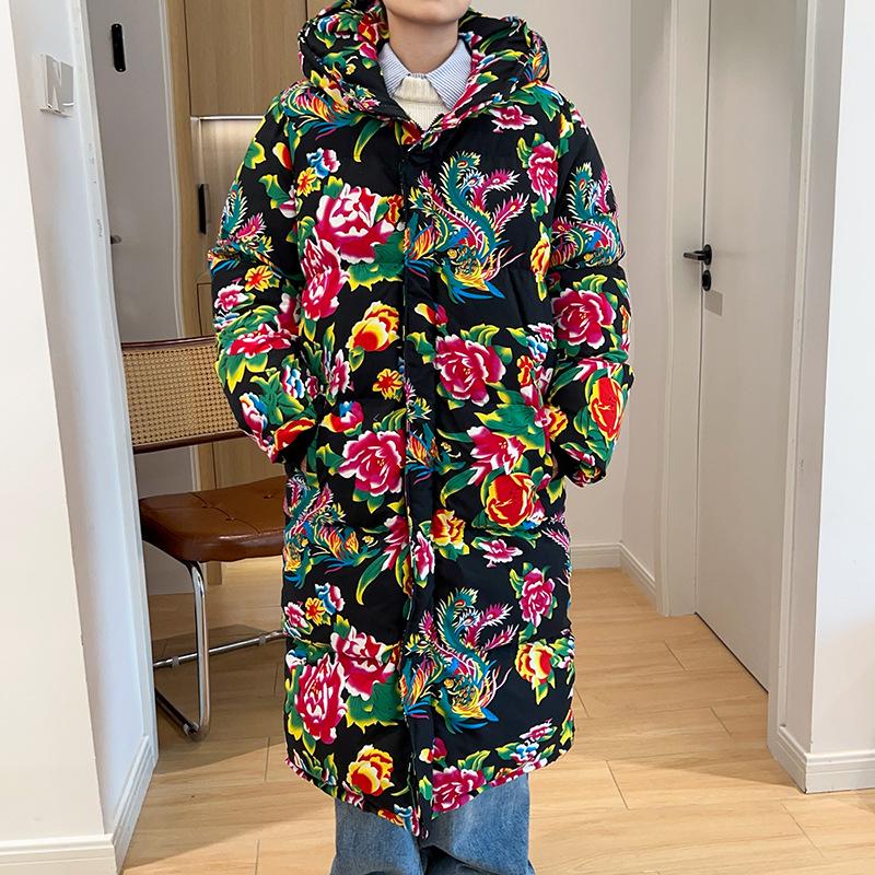 Northeast Floral Hanfu Long Hooded Cotton Coat - Unisex Loose-Fit, Warm, Trendy Cold-Protection Jacket