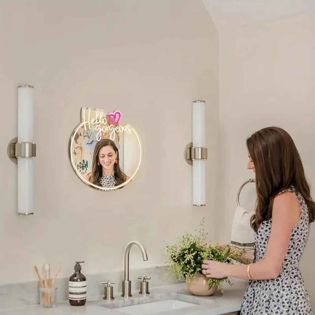 Hello Gorgeous Neon Sign for Wall Decor USB Powered LED Neon Light Mirror Sign with Adjustable Brightness Light Up Sign for Bedroom Girls Rooms