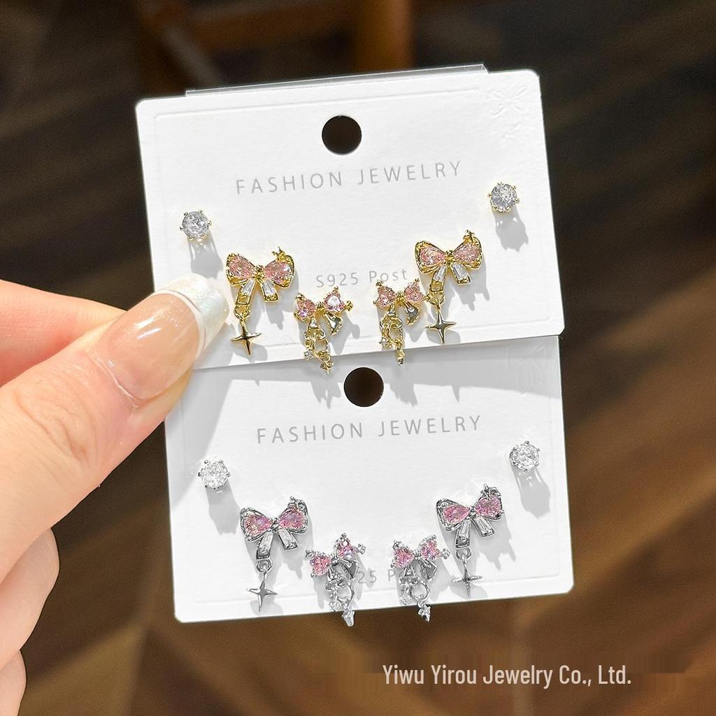 S925 Silver Pink Bow & Star Zircon Stud Earrings - Exquisite Autumn/Winter Style for Women