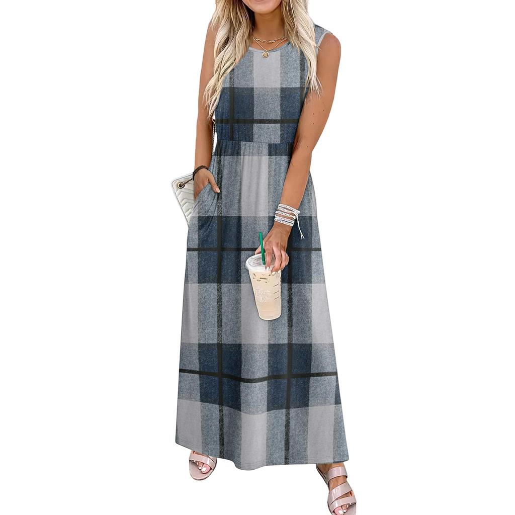 Ladies' Plaid Printed Casual and Fashionable Waist Cinched Sleeveless Dress