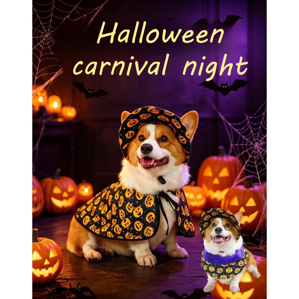 Halloween Pet Costume Set Dog Cat Pumpkin Bat Print Scarf Cape with Hat Adjustable Cosplay Clothes for Party