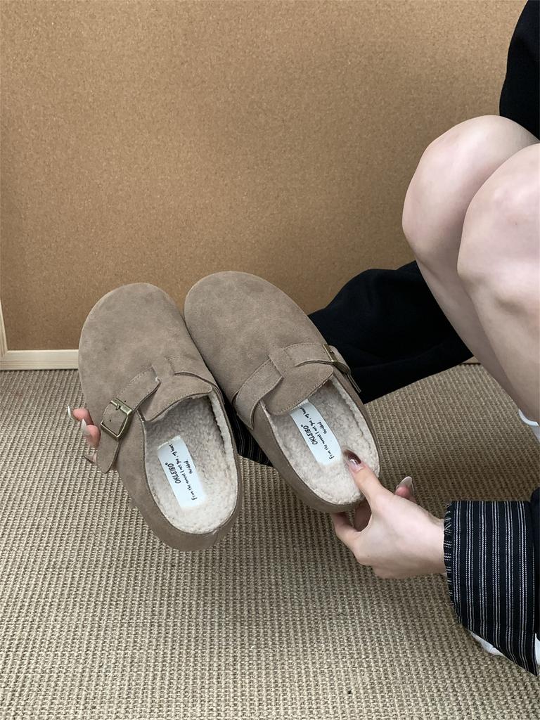 Birkenstocks Small Inner Height Increase 5CM~ Women's Thick-soled Half-drag Velvet Autumn and Winter Cotton Shoes New Bag Head Slippers