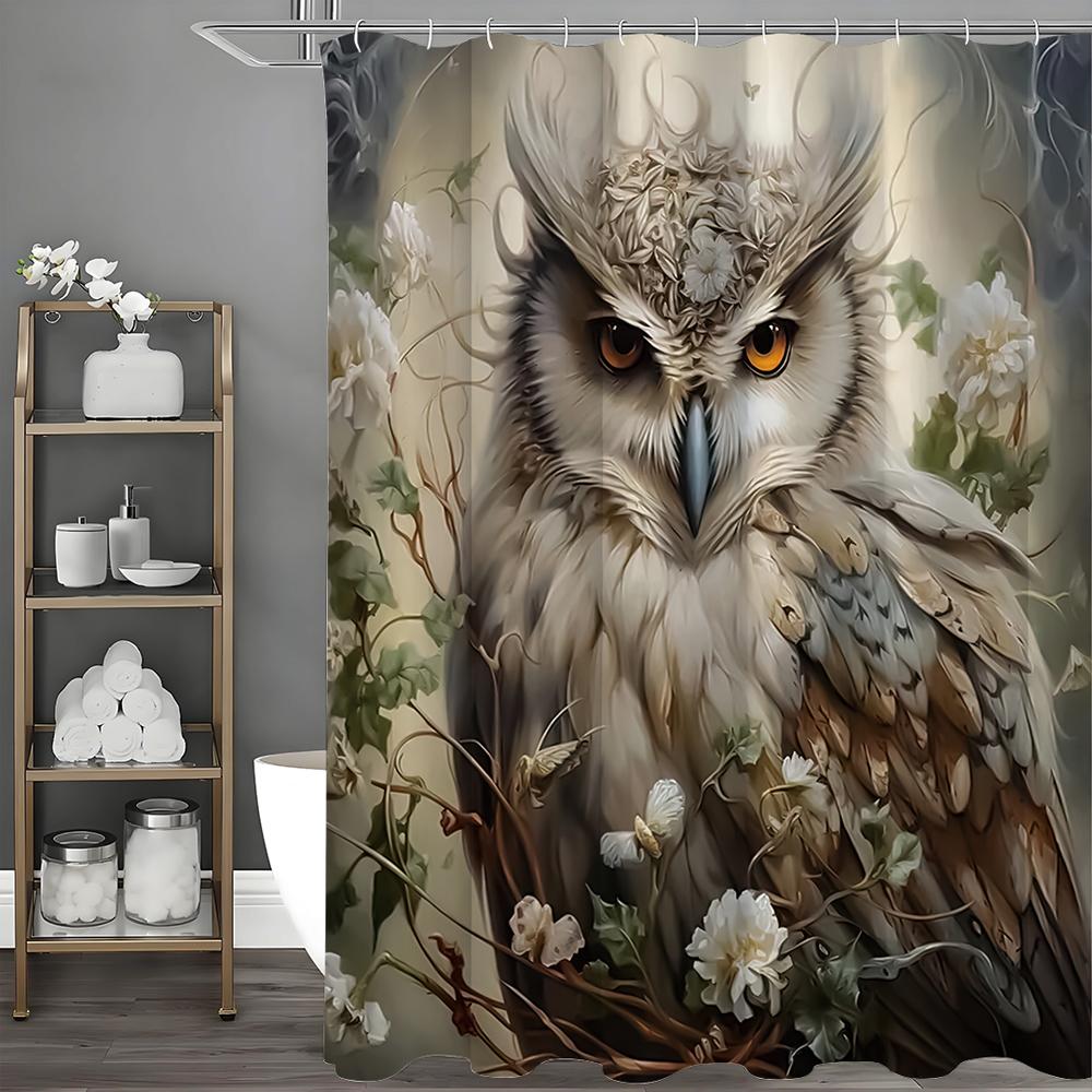 Owl and Floral Shower Curtain, Bathroom Decorative Shower Curtain, Waterproof Shower Curtain with Hooks
