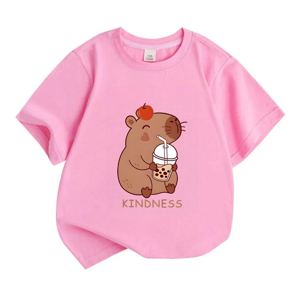 Kids Boys Girls 100% Cotton Crew Neck Short Sleeve T-Shirt, Cute Capybara With Boba Tea Red Apple Kindness Print Casual Soft Tee For Daily Wear