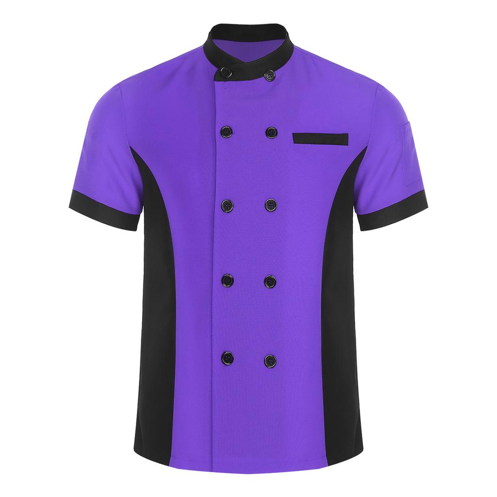 Unisex Kitchen Uniform Short Sleeve Color Block Chef Jacket Cook Coat Men Women Work Top