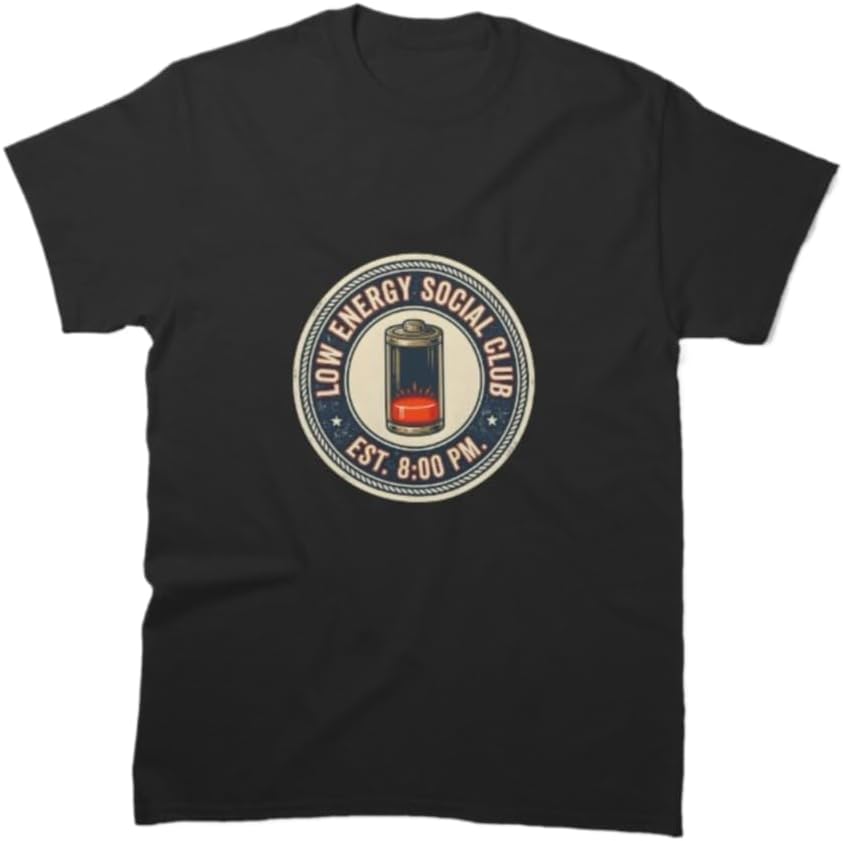 Funny Low Energy Social Club Battery Humor Graphic T-Shirt Unisex 100% Cotton Crew Neck Short Sleeve Casual Tee S разноцветный