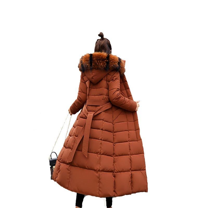 Winter new lace-up long cotton-padded clothes for women over the knee thickened warm hooded solid color large fur collar down cotton clothes