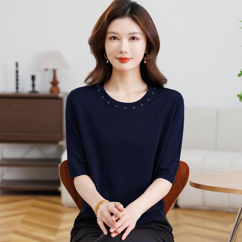 Spring & Autumn Knit Loose 3/4 Sleeve T-shirt for Women - Ice Silk, Stylish Large Size Base Layer