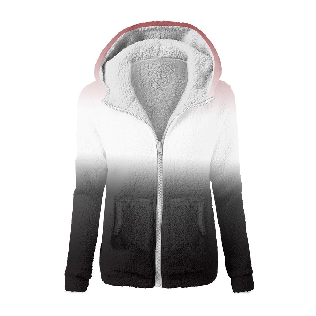 Women's Fashion Printing Sweatshirt Loose Hooded Plush Zip Up Jacket Top