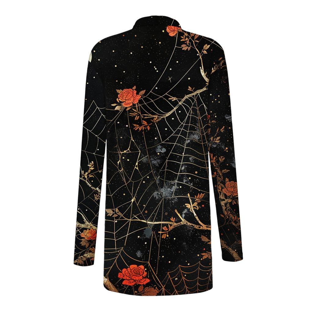 Women's Casual Halloween Printed Long Sleeve Mid-Length Cardigan Jacket for Fall