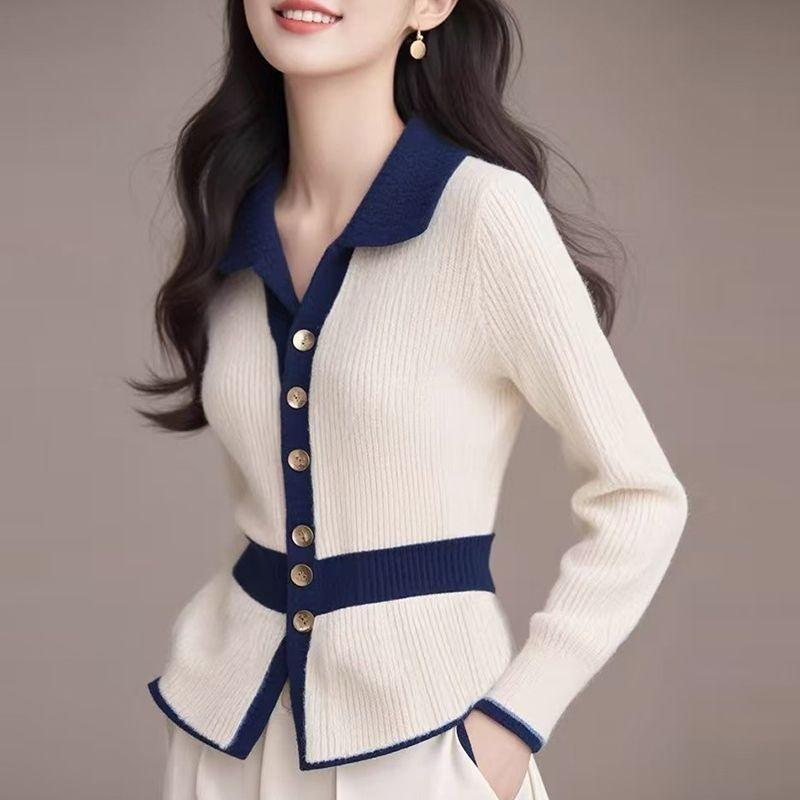 Lapel Long-sleeved Knitted Sweater Women's Autumn and Winter Design Sense Contrasting Colors, Waist and Thin Top Temperament Jacket
