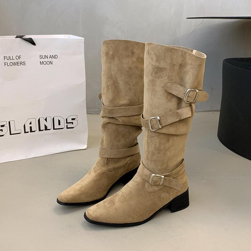 5CM Thick Heel Retro Western Cowboy Boots Women's Autumn and Winter Square Head Knight Boots Belt Buckle Boots Slim Boots