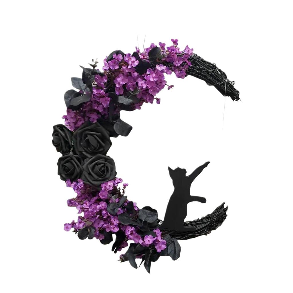 Port of Love Halloween Cat Moon Wreath - Crescent Vine Door & Wall Decor