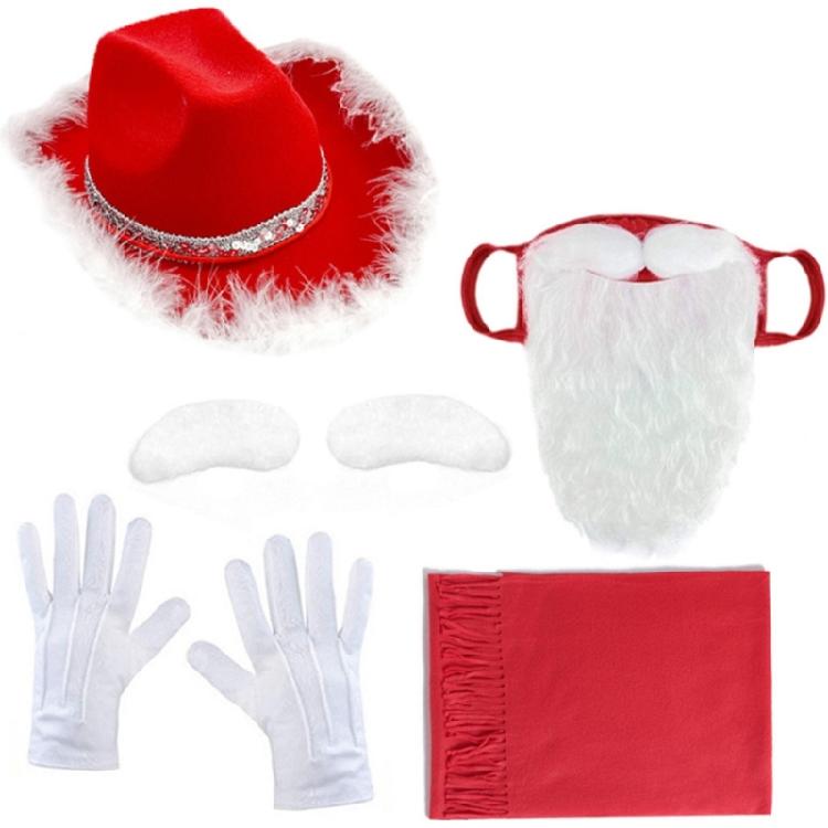 Adult Christmas Hat Cosplay Costume Accessories with Christmas Scarf Self Adhesive Eyebrows Santa Mask with Long Beards