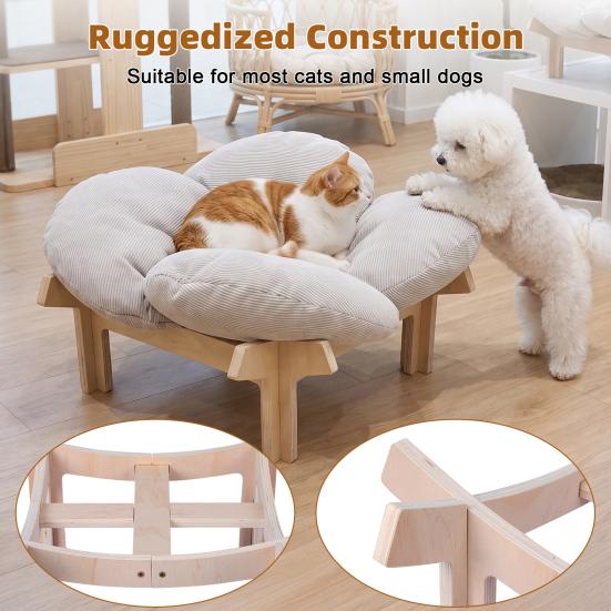 Pet Couch Sofa Elevated Wooden Cat Bed with Fluffy Removable Cushion, Petal Shaped Sofa, Raised Kitty Lounge Chair 40lbs Capacity, for Indoor