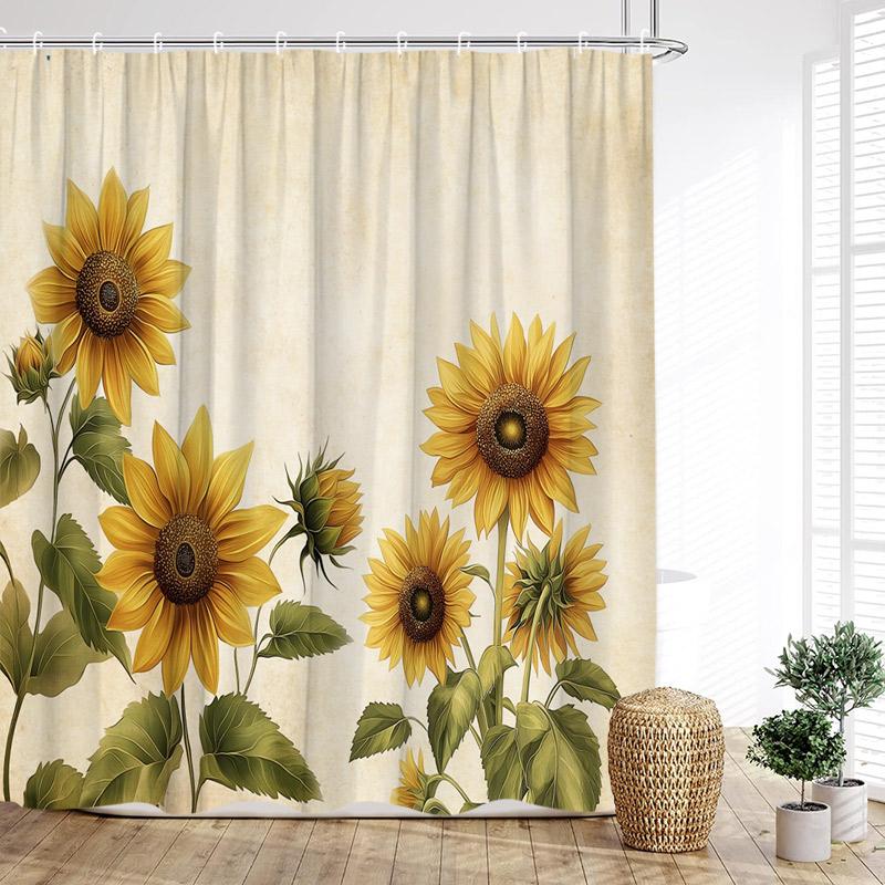 Rustic Sunflower Shower Curtain Farmhouse Floral Butterfly Daisy Vintage Spring Flowers Wooden Plank Country Home Bathroom Decor