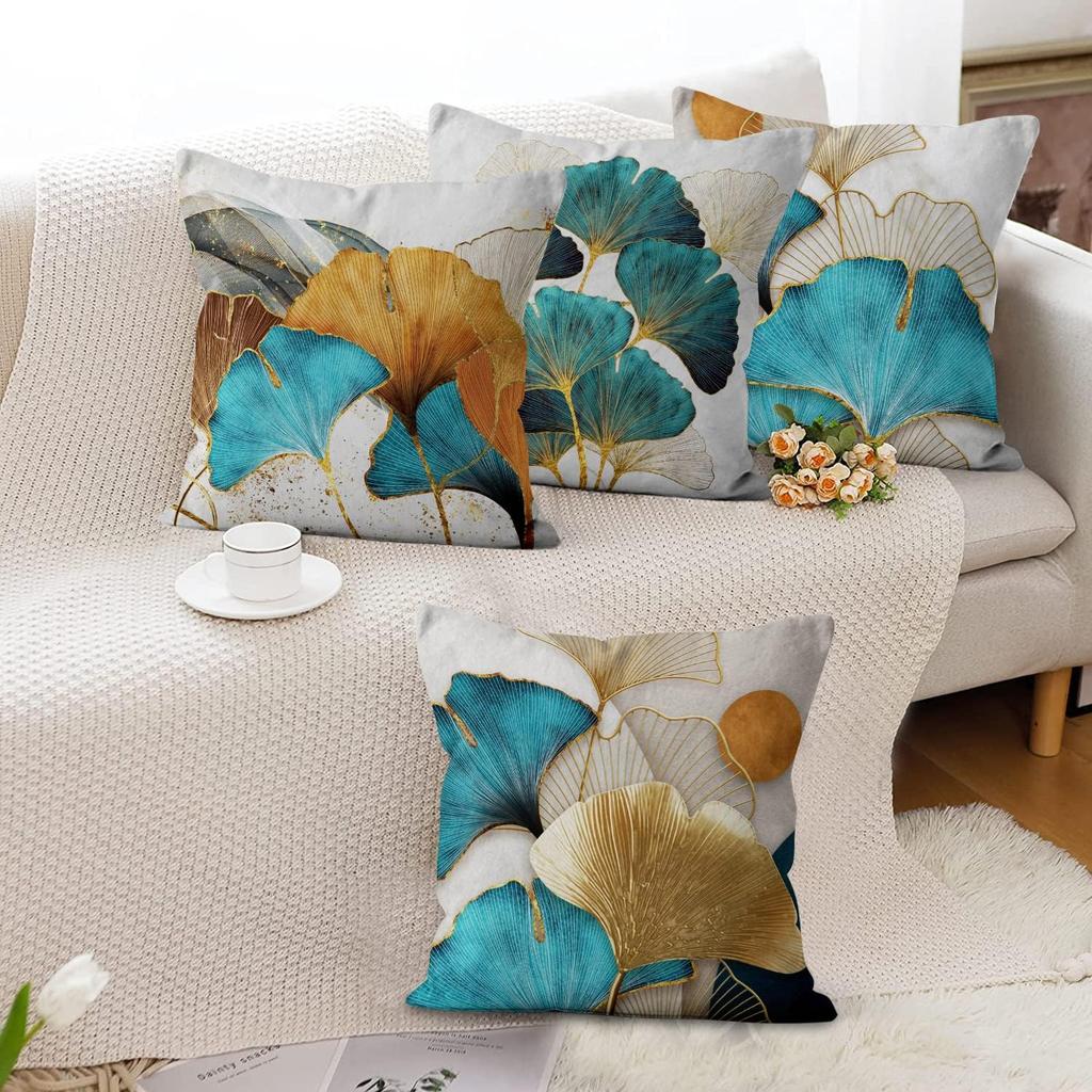 4Pcs Teal Gold Ginkgo Leaf Printed Pillow Cover Polyester Cushion Case 2D Flat Printing Pillowcase Luxury Home Decor Art Style