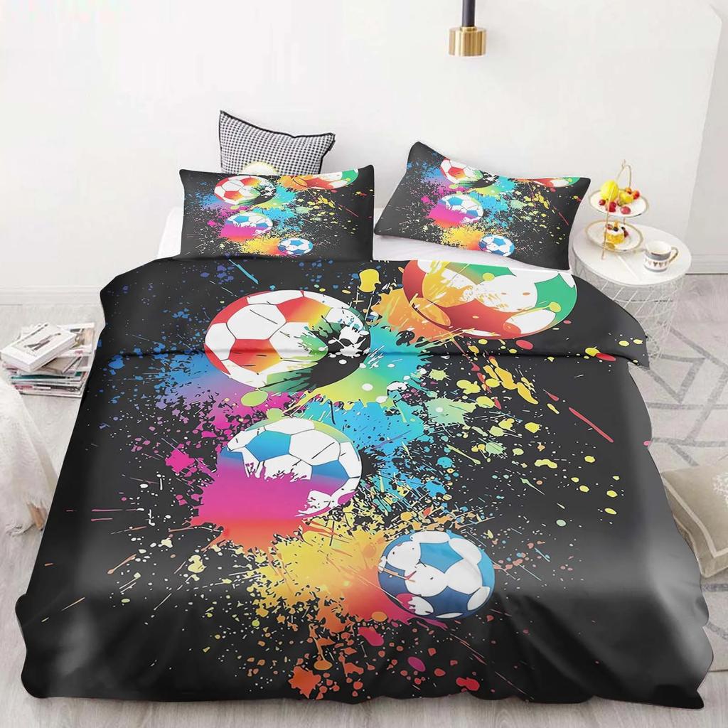 Cartoon Duvet Cover Set Football Graffiti 3D Soccer Ball Bedding Set For Boys Teens Sports Theme Bed Linen With Pillowcases