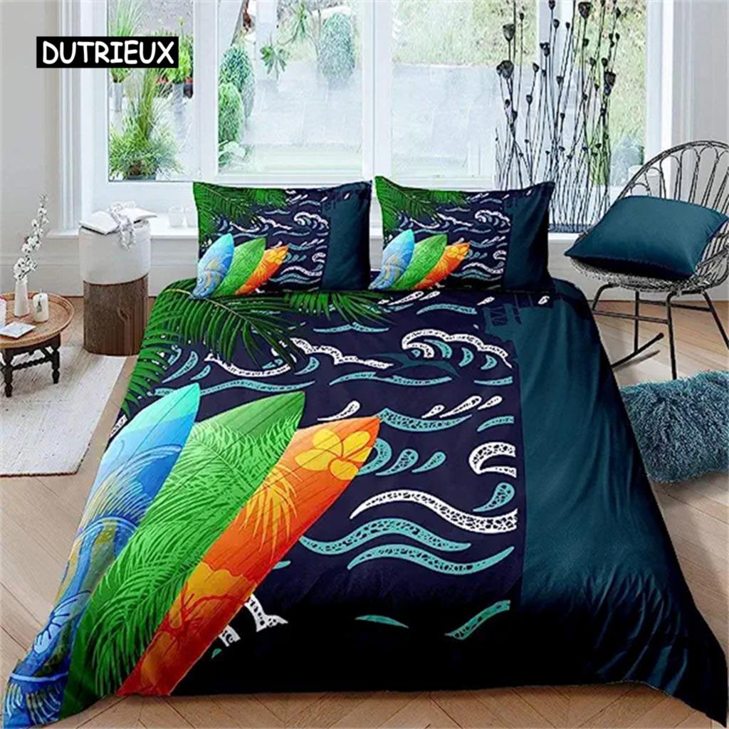 Surfboard Summer Sea Surfing Theme Duvet Cover Ocean Theme Bedding Set For Kids Boys Teens Soft Polyester Quilt Cover Decoration