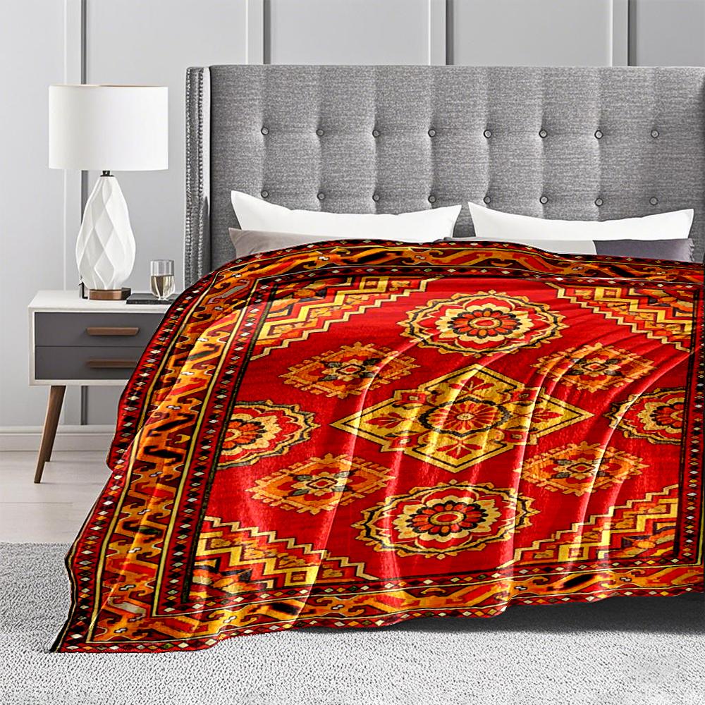 Geometric Patterned Red Blanket with Floral Motifs and Ethnic Design Blanket, Suitable for Use In the Bedroom, Living Room, On the Sofa