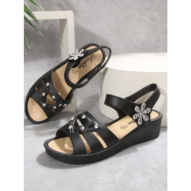 Fashion 2025 Summer Casual Breathable Leather Wedges Flower Water Diamond Middle Heel Sandalias De Mujer Soft Bottom Non Slip Zapatos