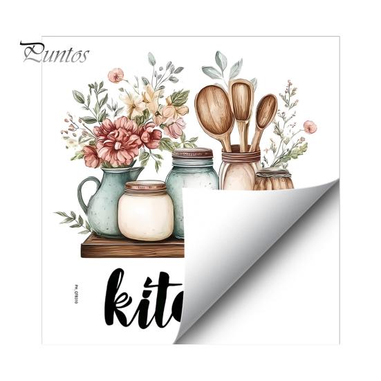 Vintage Kitchen Illustration Decals Cartoon Wall Sticker, Watercolor Decorative Decal, PVC Waterproof Art Retro Decor Mural, Removable for Cabinet