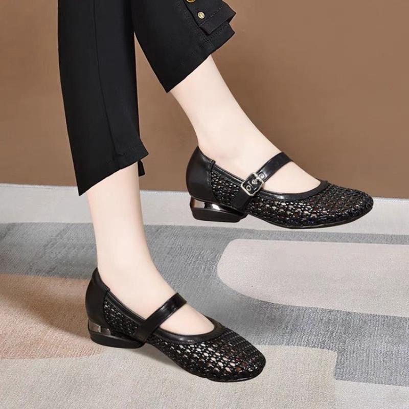 Beautiful woven hollow women's single shoes summer thick heel soft sole flat sole single shoes